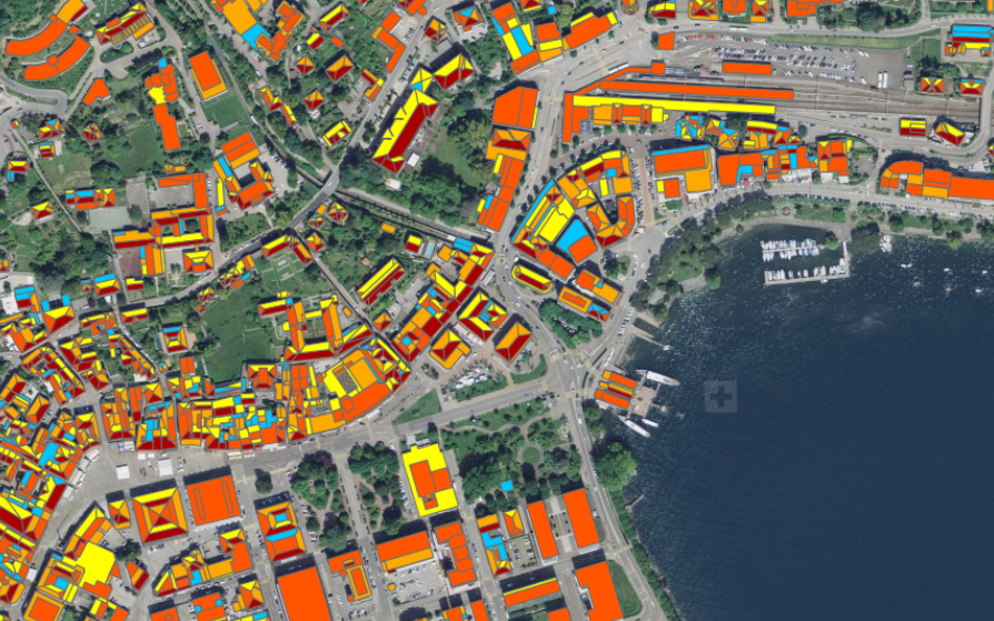 Illustration of the solar potential of house roofs in Locarno. The red areas indicate high potential; yellow and orange indicate medium potential and blue indicates low potential.